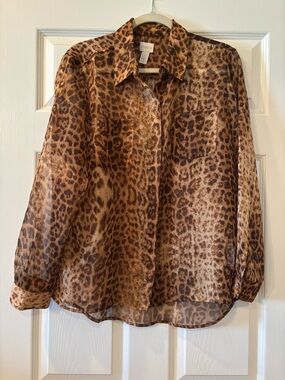 Chico’s Leopard Print Sheer Button-Up Shirt - Brown 12/14